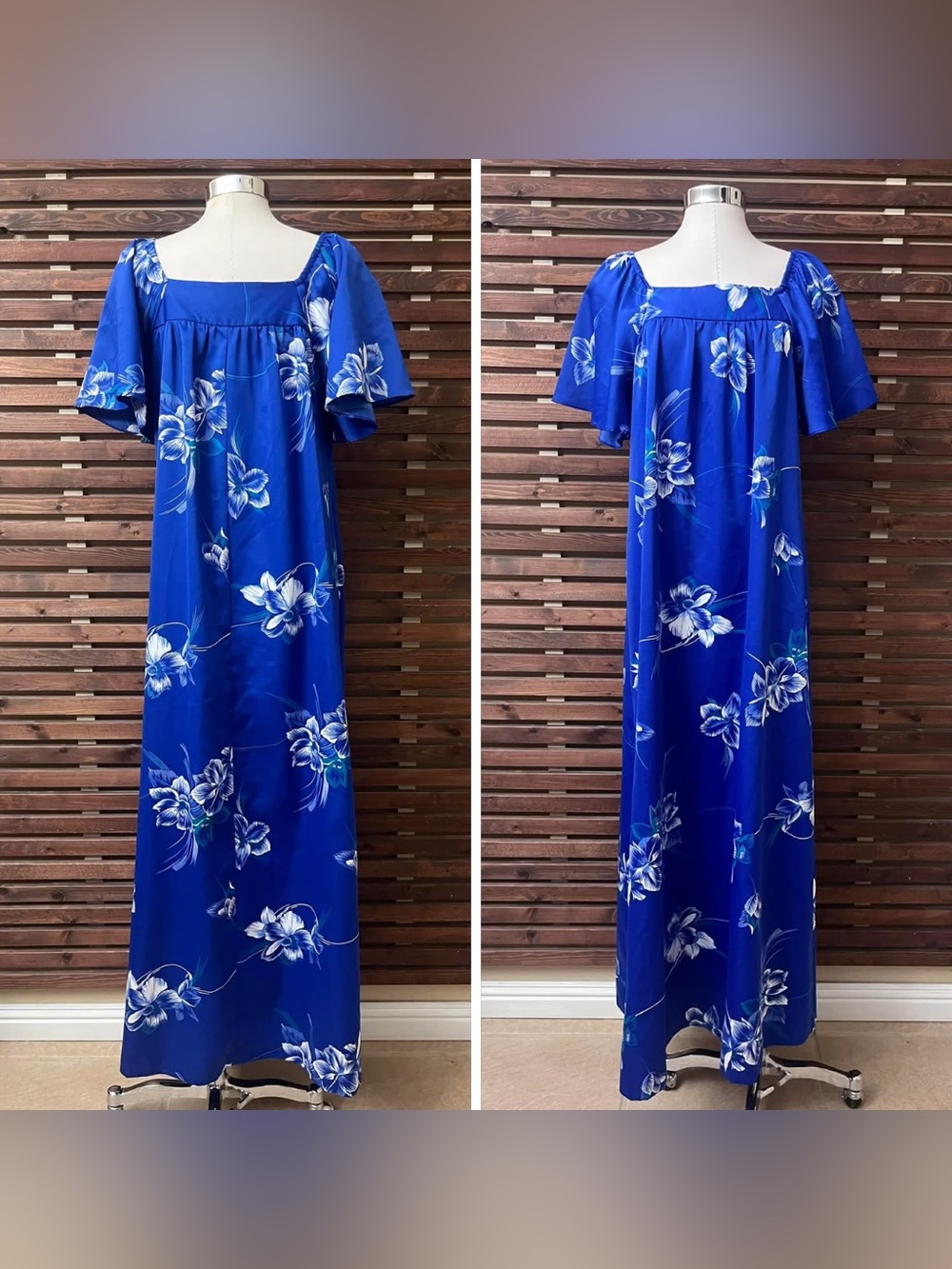 1970s 70s Vintage Nani Hawaiian Blue White Green Floral Muumuu Maxi Dress